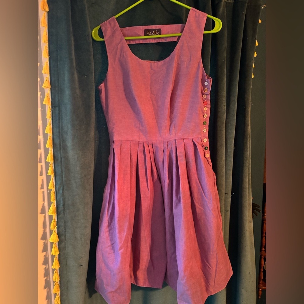 Liz Alig recycled flour sack dress, purple.